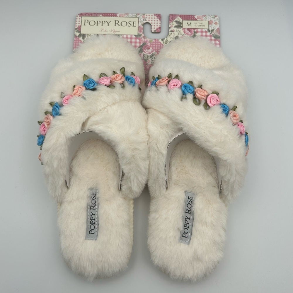 *New* Poppy Rose Ivory Fuzzy Slippers with Colorful Flower/Rose Trim Size 7-8 - Picture 6 of 8